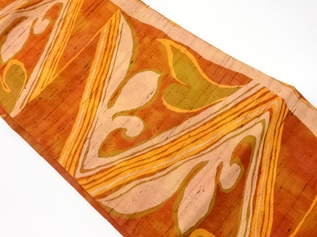 リサイクル　手織り紬幾何学に唐草模様織出し名古屋帯